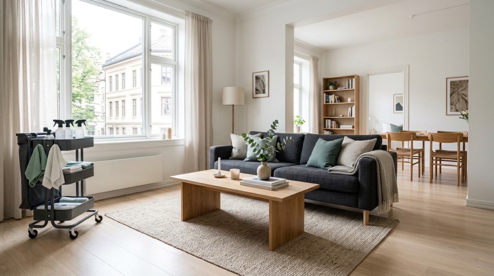 Nyvasket stue med lyst tregulv i en leilighet i Oslo