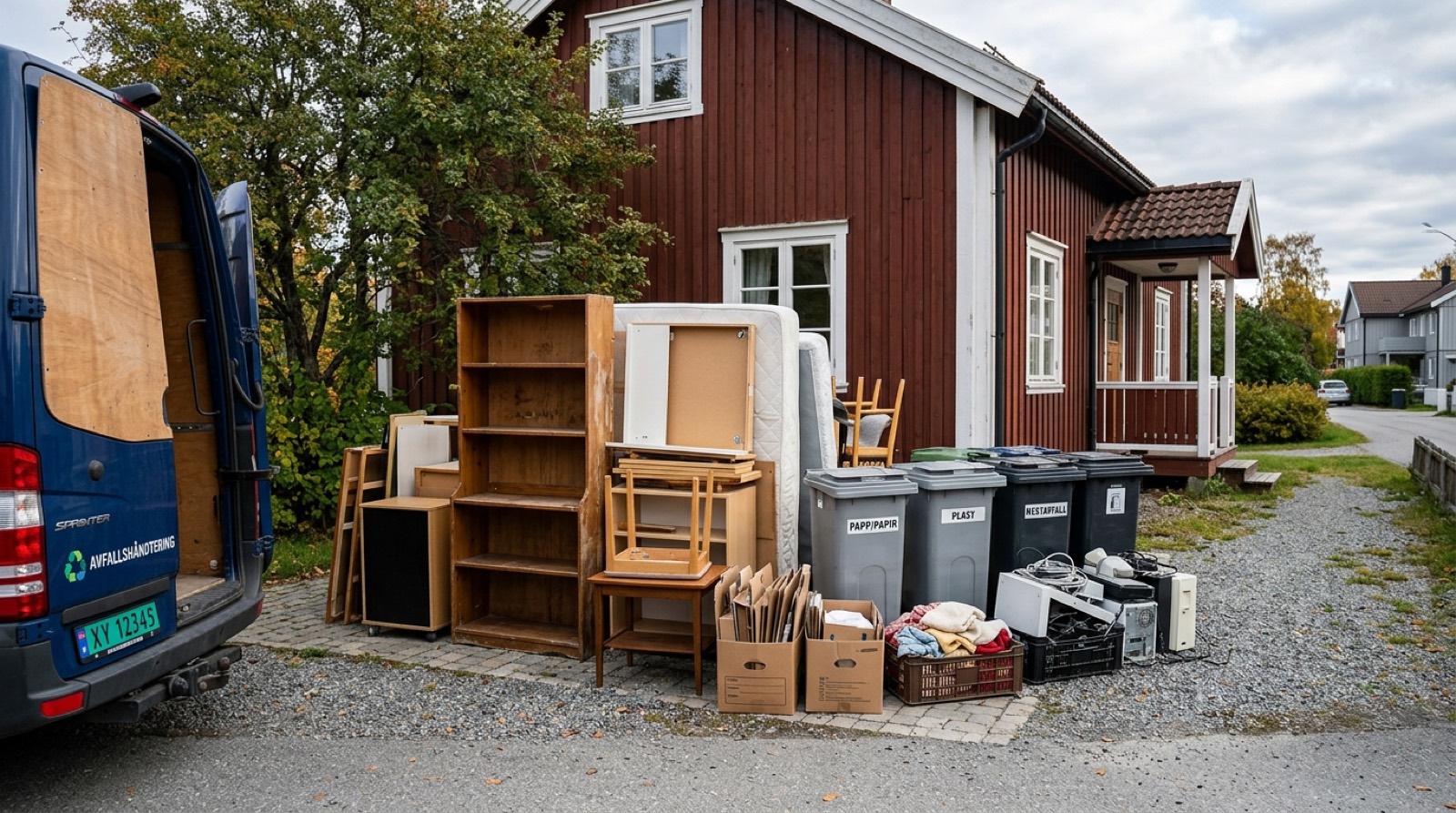 Varebil med flyttekasser og møbler pakket for transport
