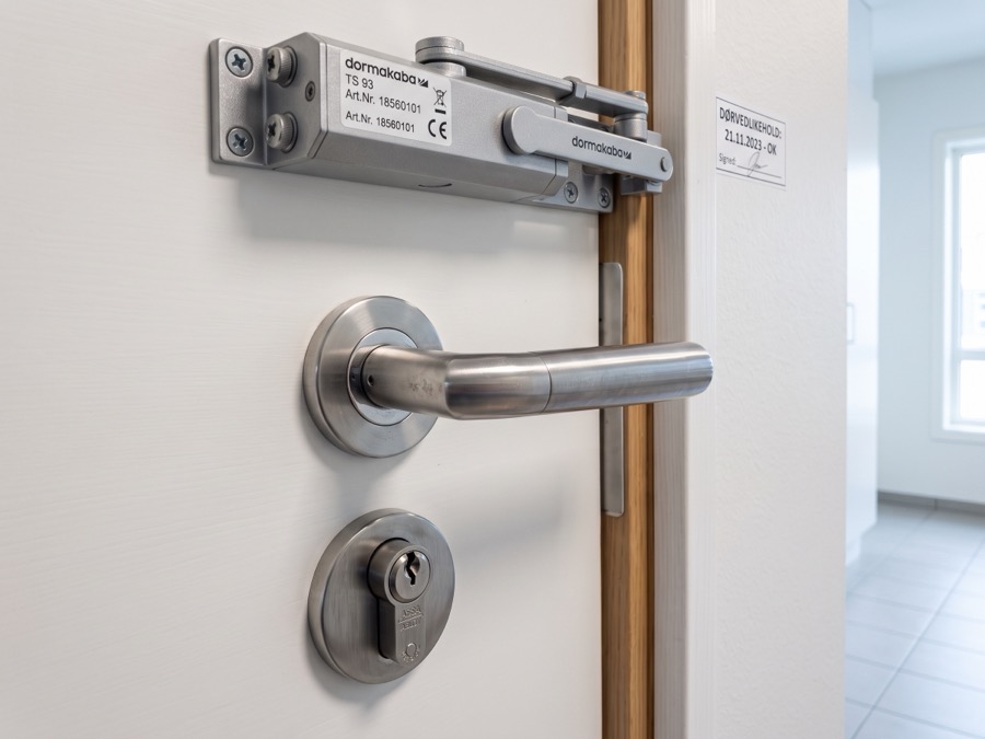 Dormakaba dørlukker og ASSA Abloy låsesylinder på fellesarealdør